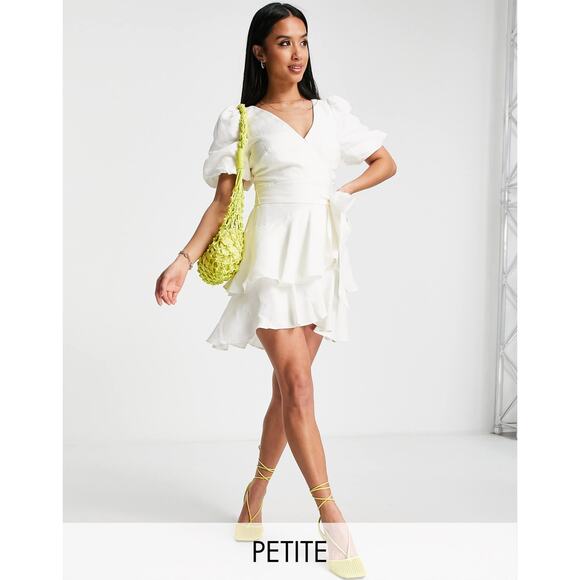 Ever New White Linen Puff Sleeve Tiered Mini Dress Size 4 Tie Waist Romantic - Picture 4 of 11